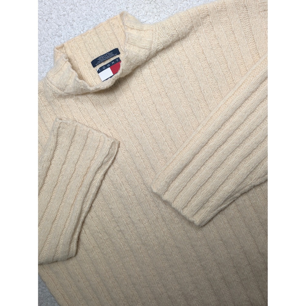 Vintage 90s Tommy Hilfiger Mens Ribbed Wool Blend Mock Neck Sweater Cream XL